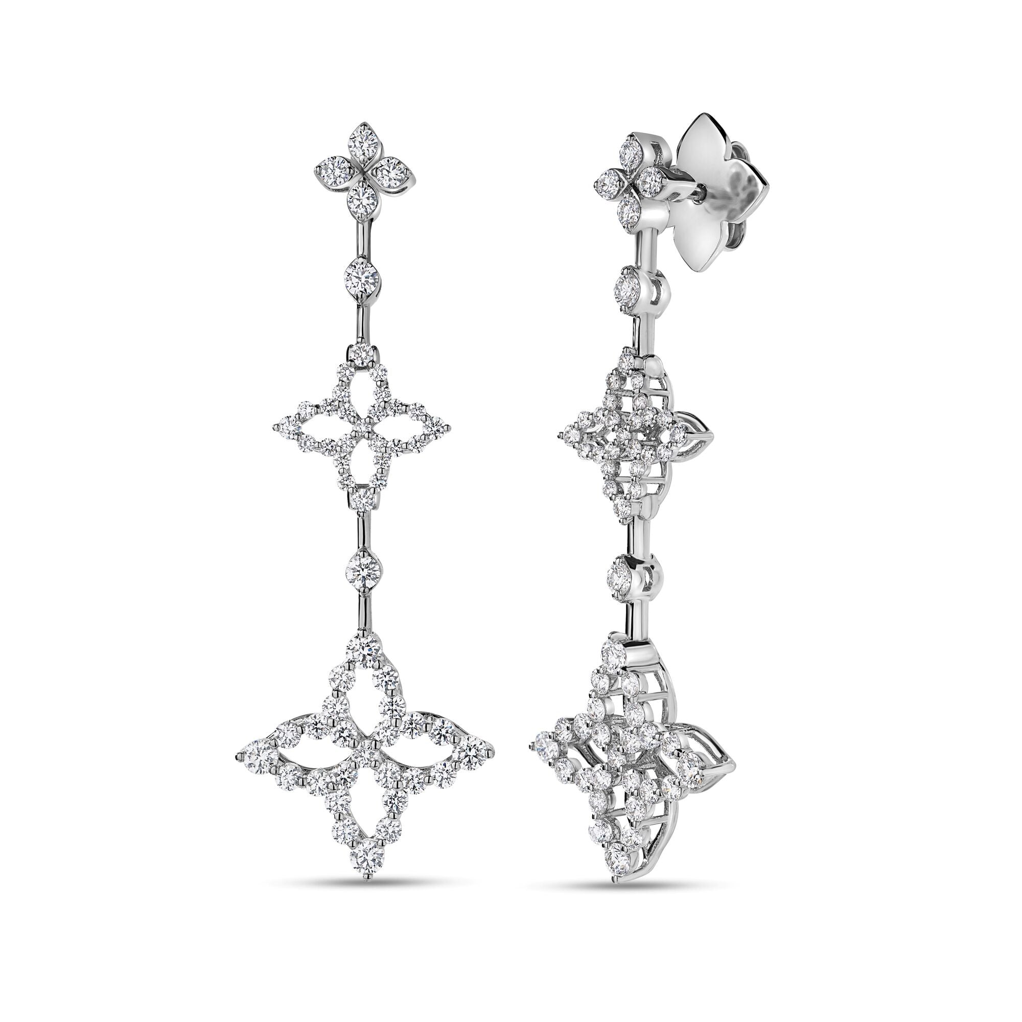 18K WHITE GOLD DIAMOND PRINCESS TRIPLE FLOWER DANGLE EARRINGS