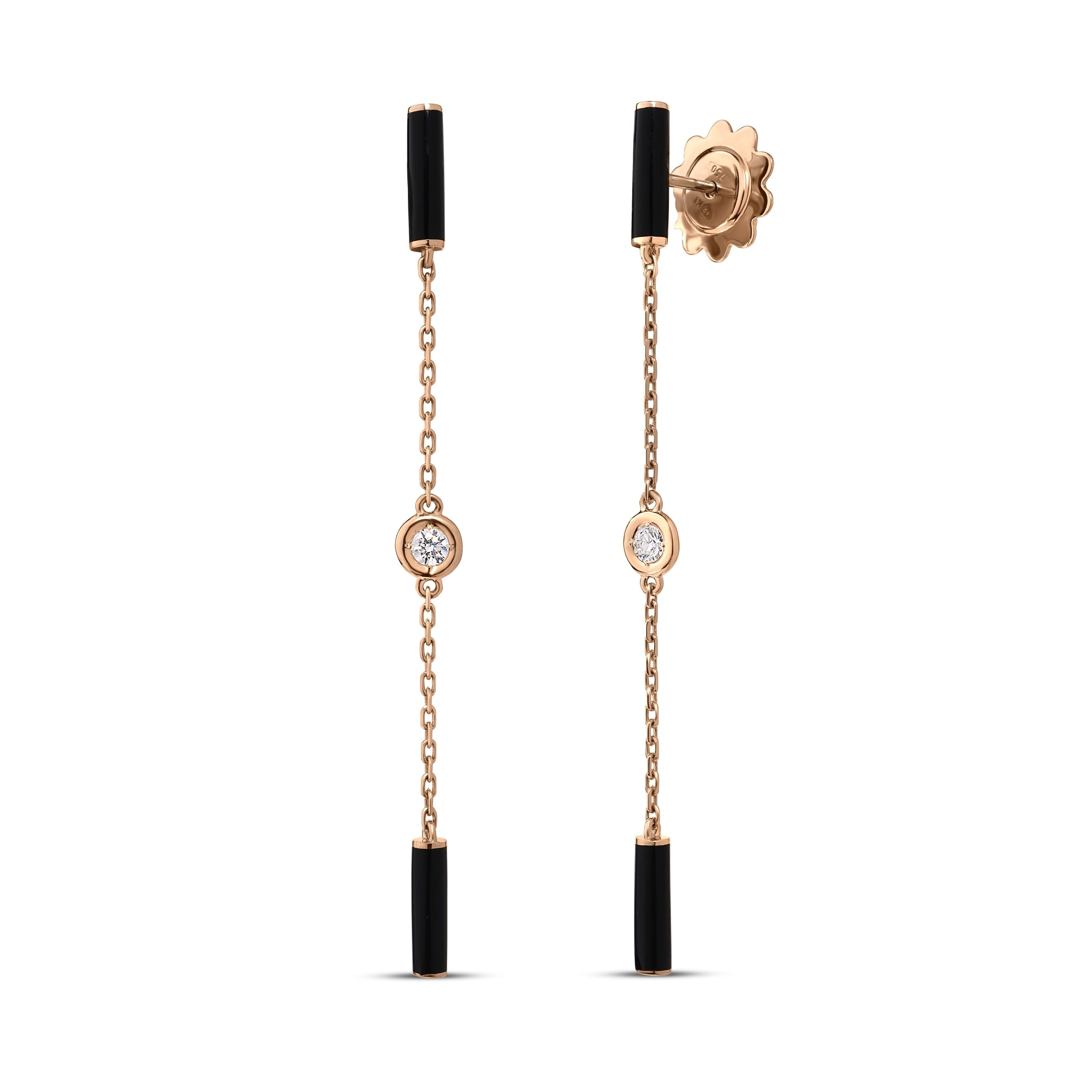 18K ROSE GOLD DIAMONDS BY THE INCH BLACK ENAMEL BAR AND BEZEL STATION DANGLE EARRINGS