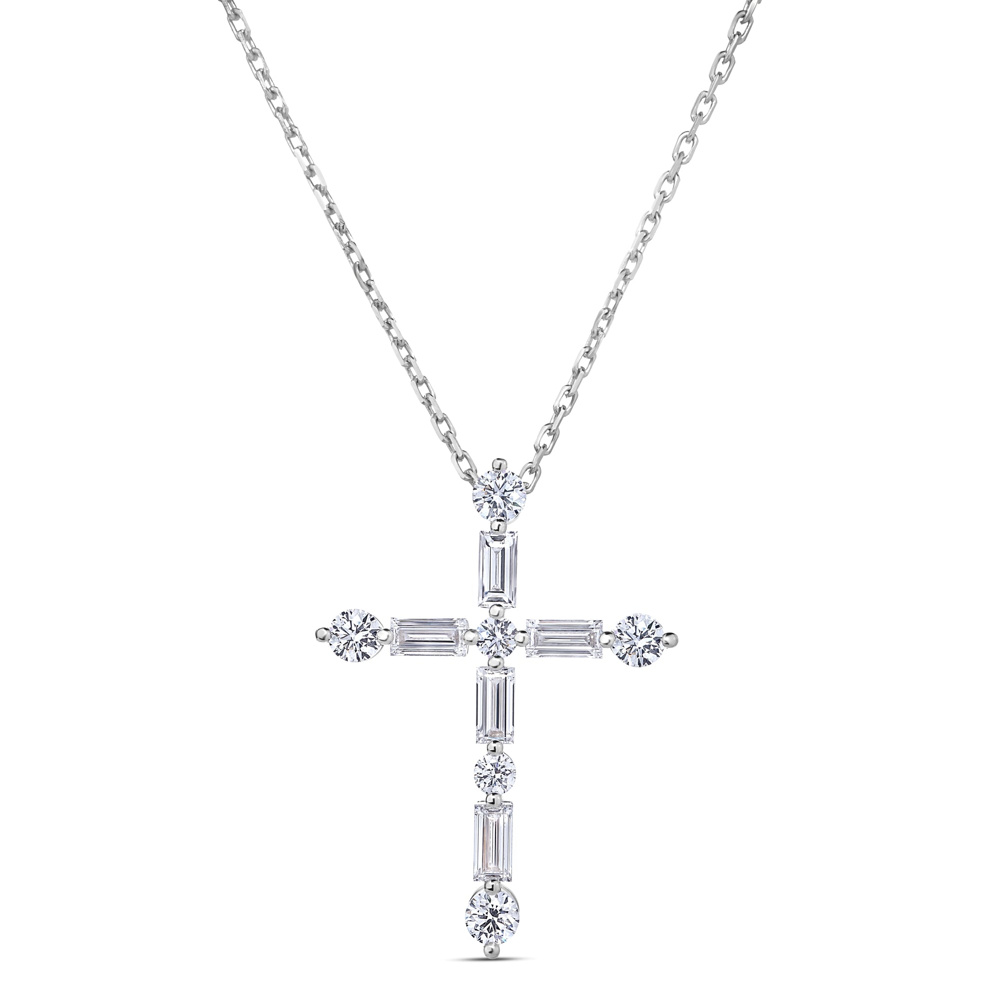 18K WHITE GOLD DIAMOND CLASSIC LARGE BRILLIANT AND EMERALD CUT CROSS NECKLACE