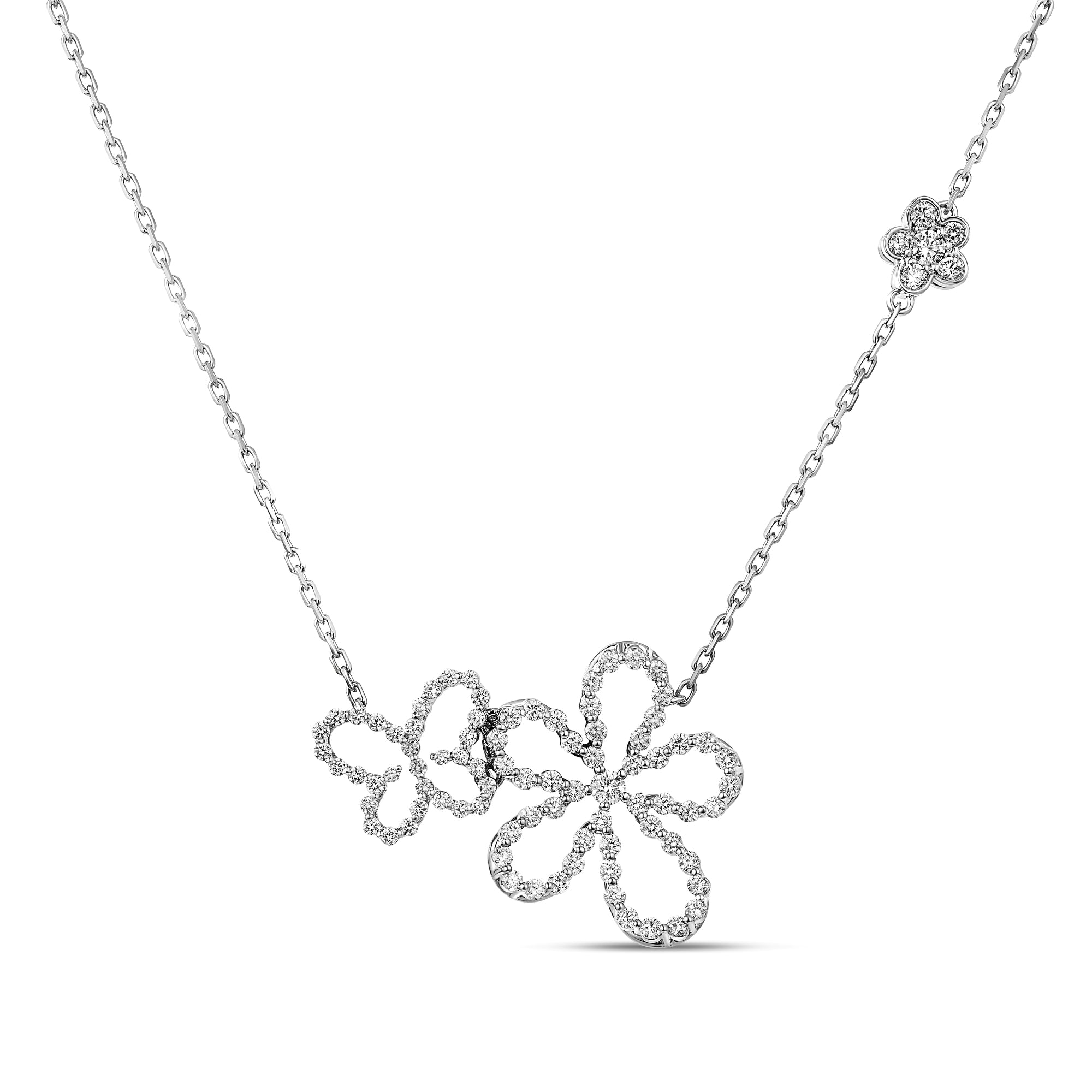 18K WHITE GOLD JASMINE PAVE DIAMOND OUTLINE BUTTERFLY AND FLOWER NECKLACE