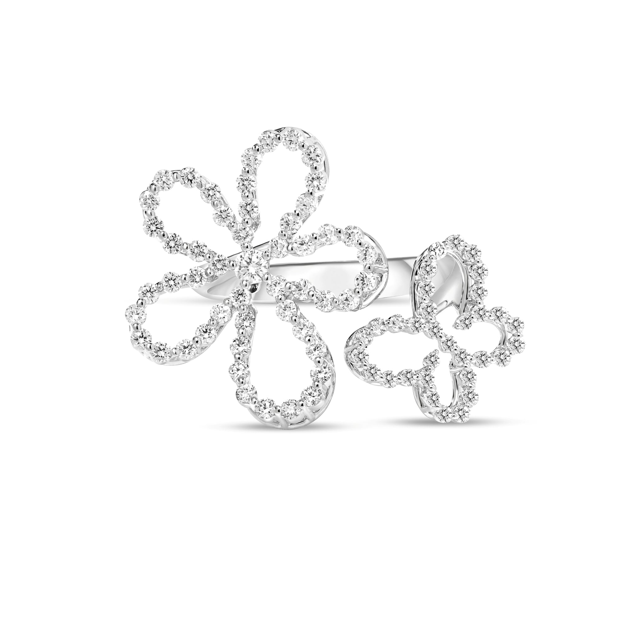 18K WHITE GOLD JASMINE PAVE DIAMOND OUTLINE BUTTERFLY AND FLOWER RING