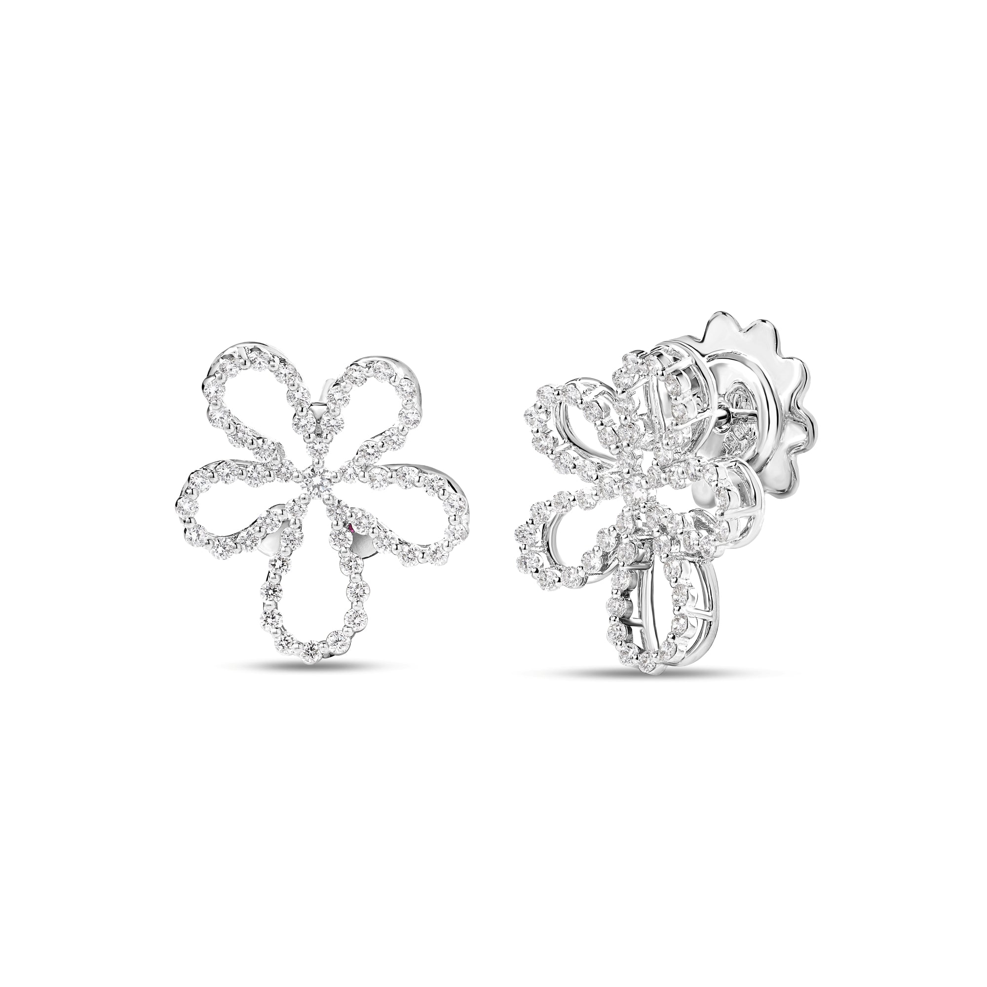 18K WHITE GOLD JASMINE PAVE DIAMOND OUTLINE FLOWER STUD EARRINGS
