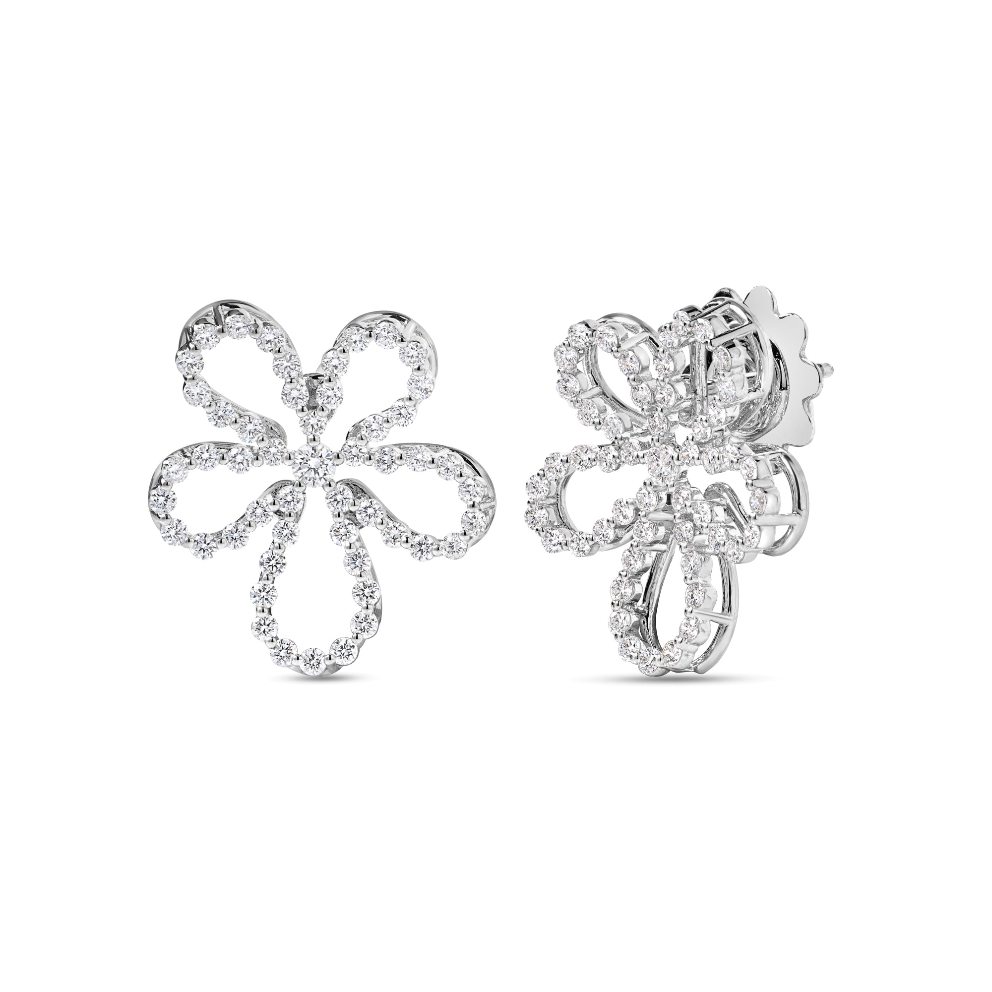 18K WHITE GOLD JASMINE LARGE PAVE DIAMOND OUTLINE FLOWER STUD EARRINGS