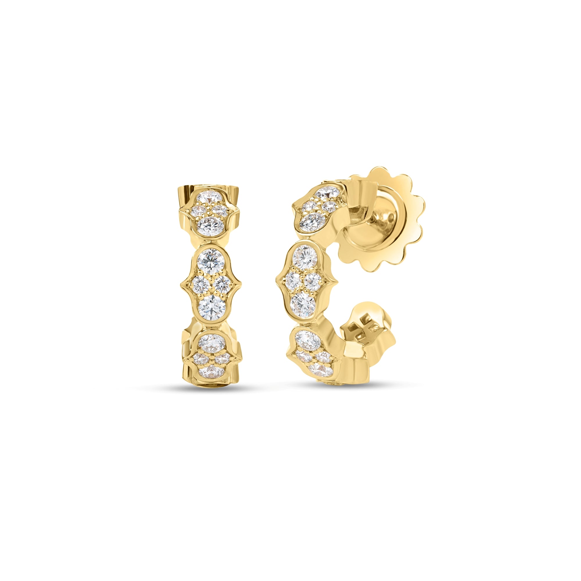 18K YELLOW GOLD COBRA PAVE DIAMOND SINGLE ROW HOOP EARRINGS