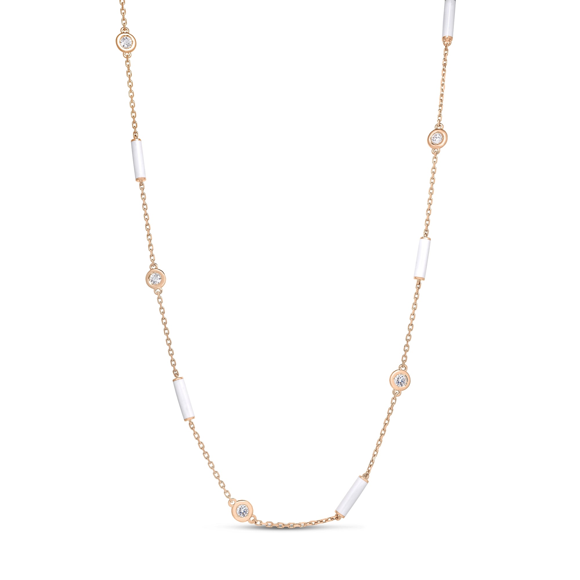 18K ROSE GOLD DIAMONDS BY THE INCH WHITE ENAMEL BAR AND BEZEL STATION NECKLACE
