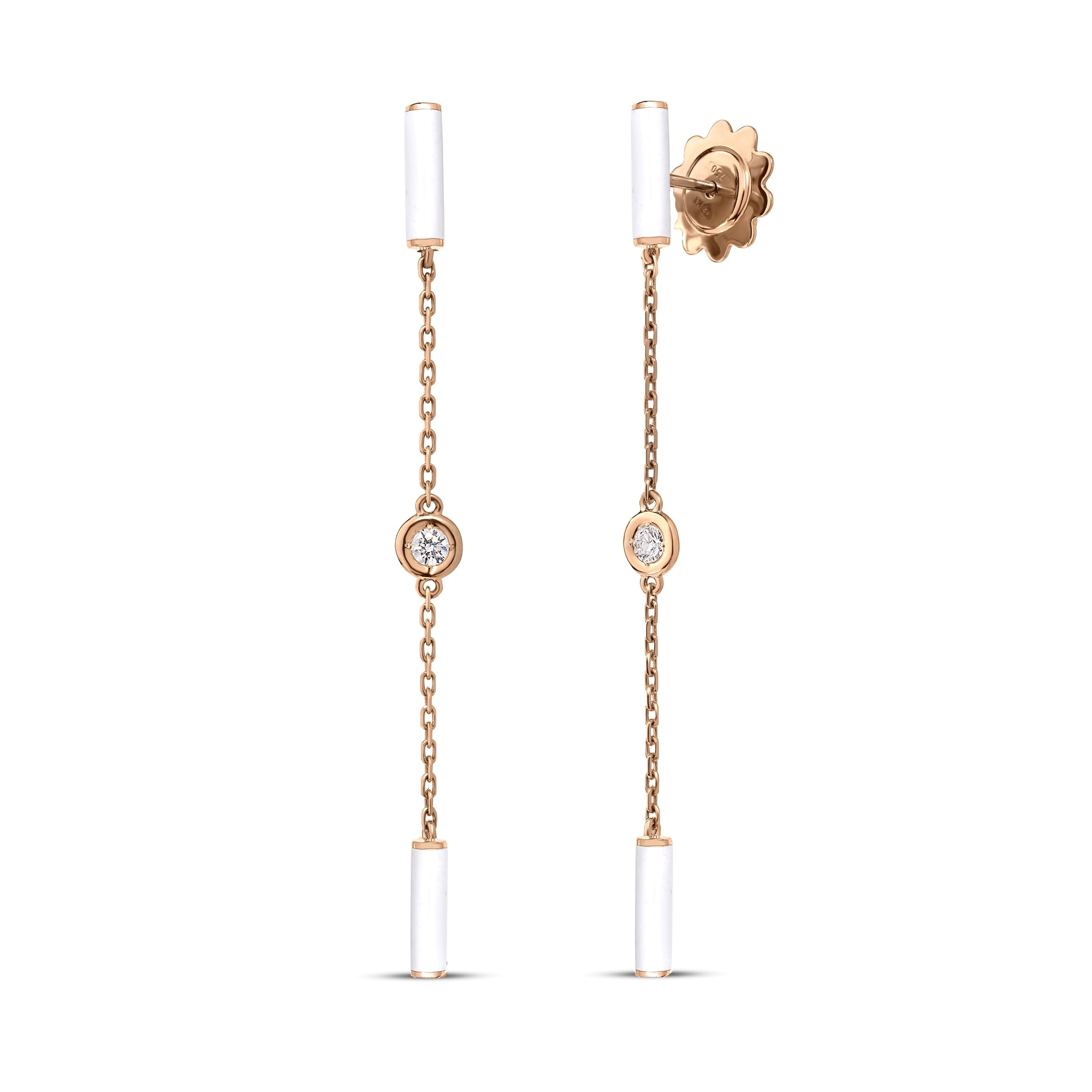 18K ROSE GOLD DIAMONDS BY THE INCH WHITE ENAMEL BAR AND BEZEL STATION DANGLE EARRINGS