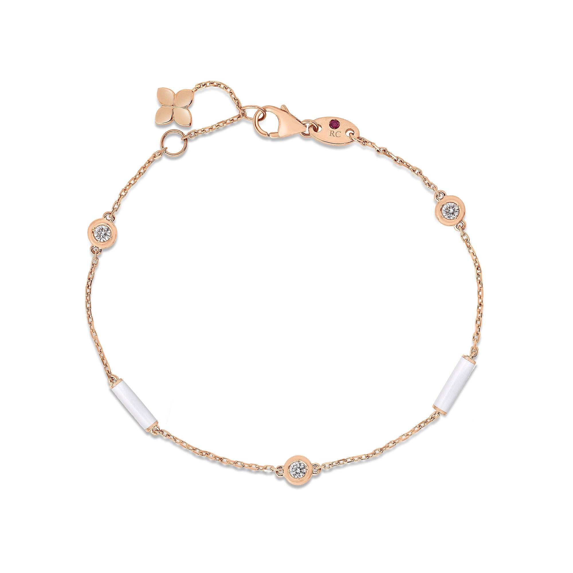 18K ROSE GOLD DIAMONDS BY THE INCH WHITE ENAMEL BAR AND BEZEL STATION BRACELET