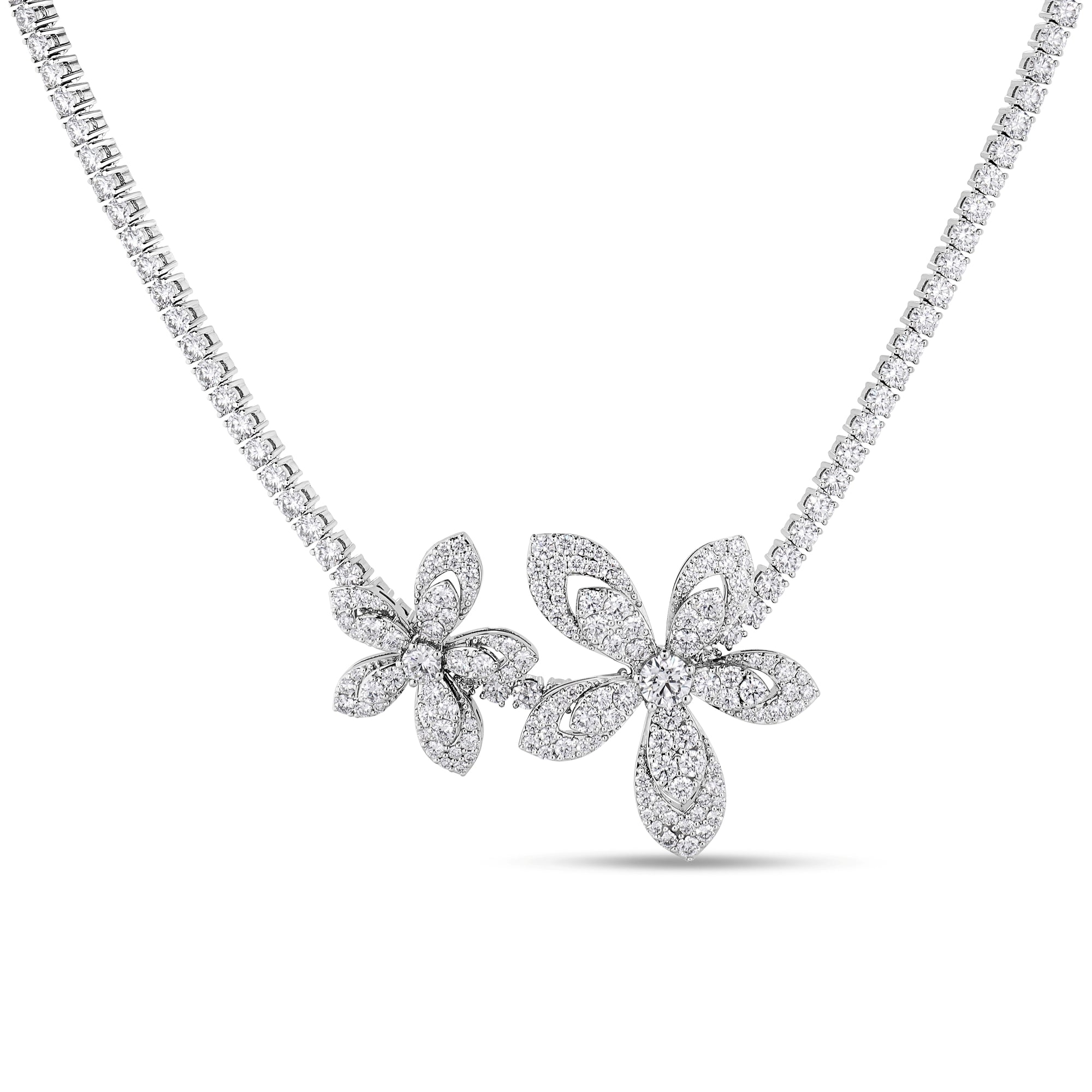 18K WHITE GOLD TIARE PAVE DIAMOND FLOWERS COLLAR NECKLACE