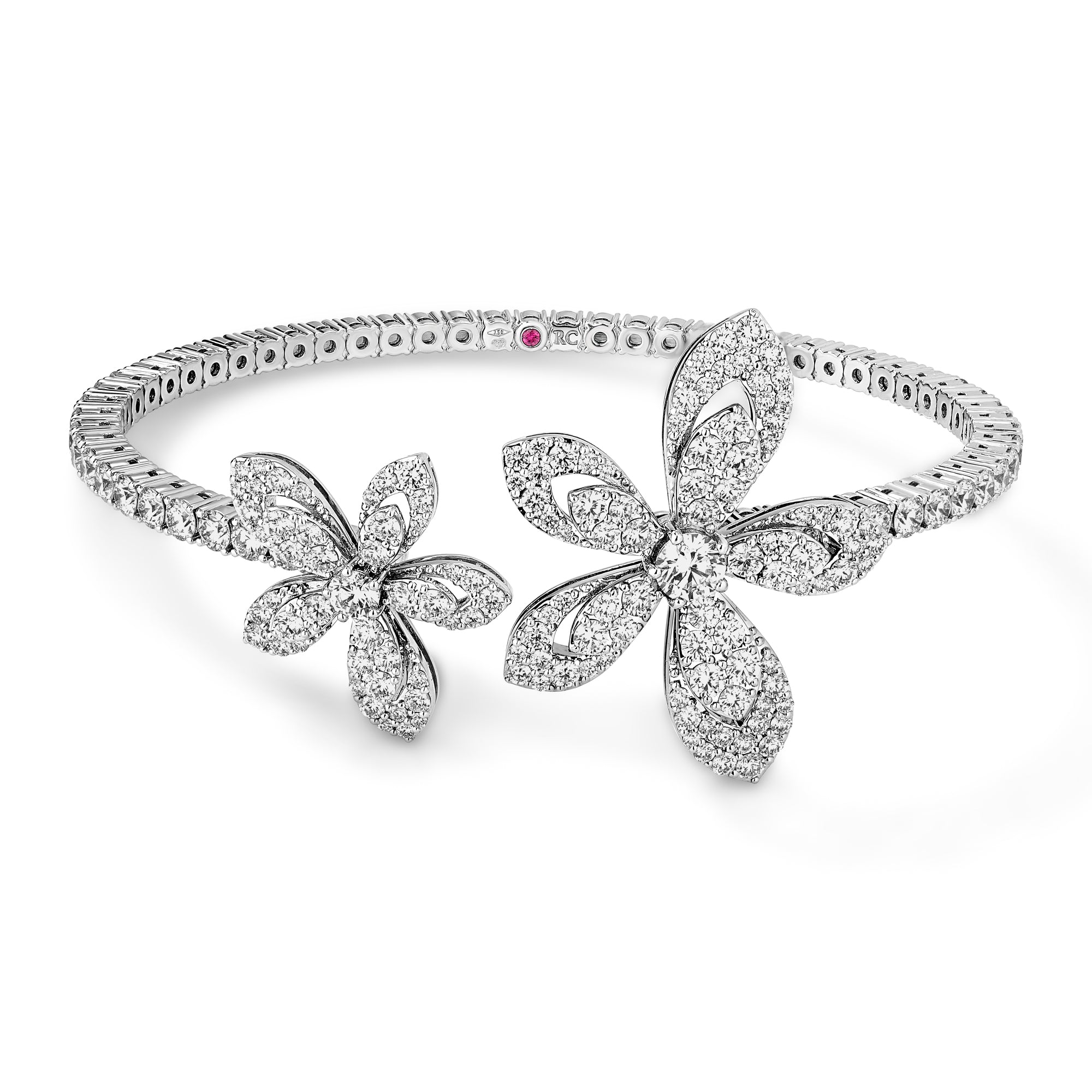 18K WHITE GOLD TIARE PAVE DIAMOND FLOWERS CUFF BANGLE