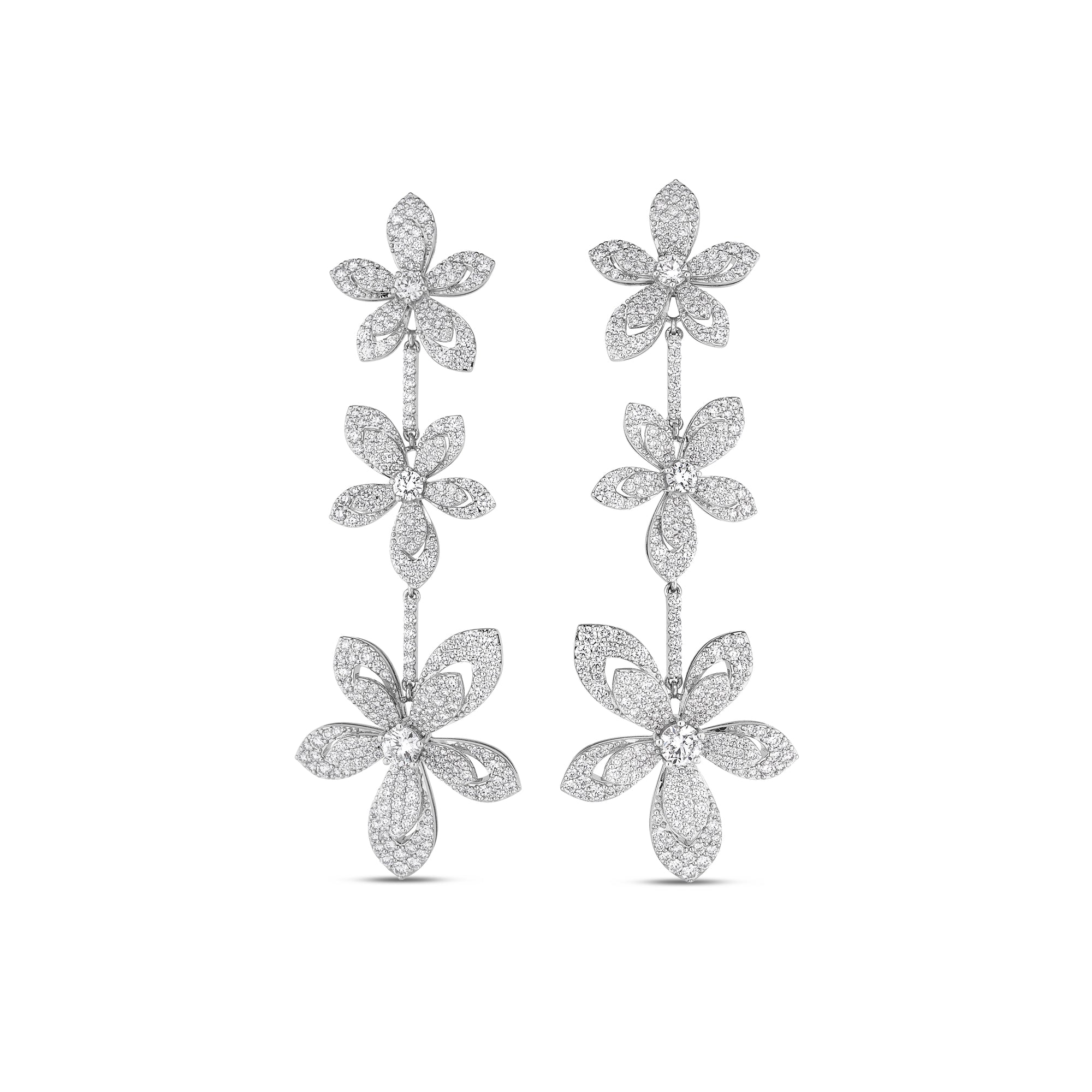 18K WHITE GOLD TIARE PAVE DIAMOND TRIPLE FLOWER DANGLE EARRINGS