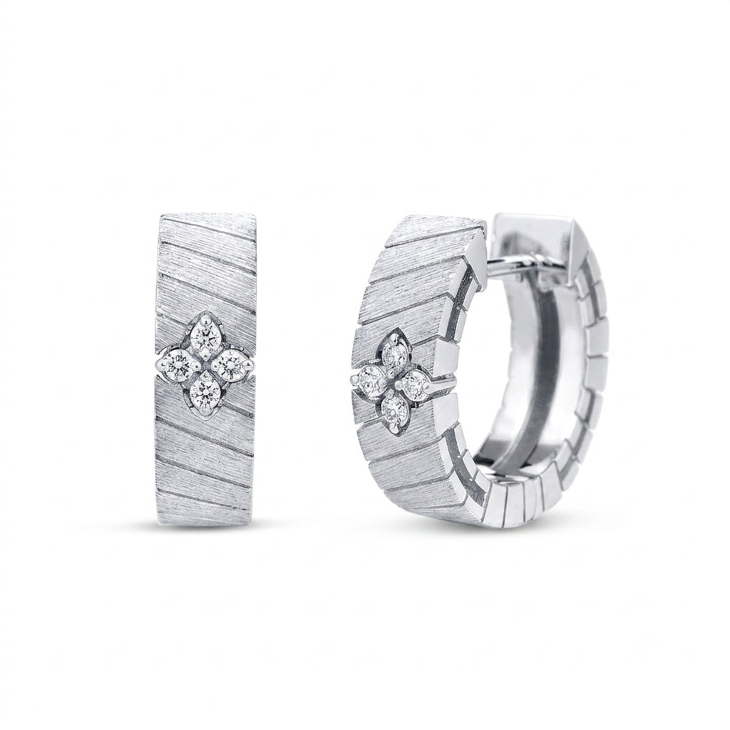 18K WHITE GOLD LOVE IN VERONA NARROW RIDGED AND SATIN FINISH DIAMOND HOOP EARRINGS