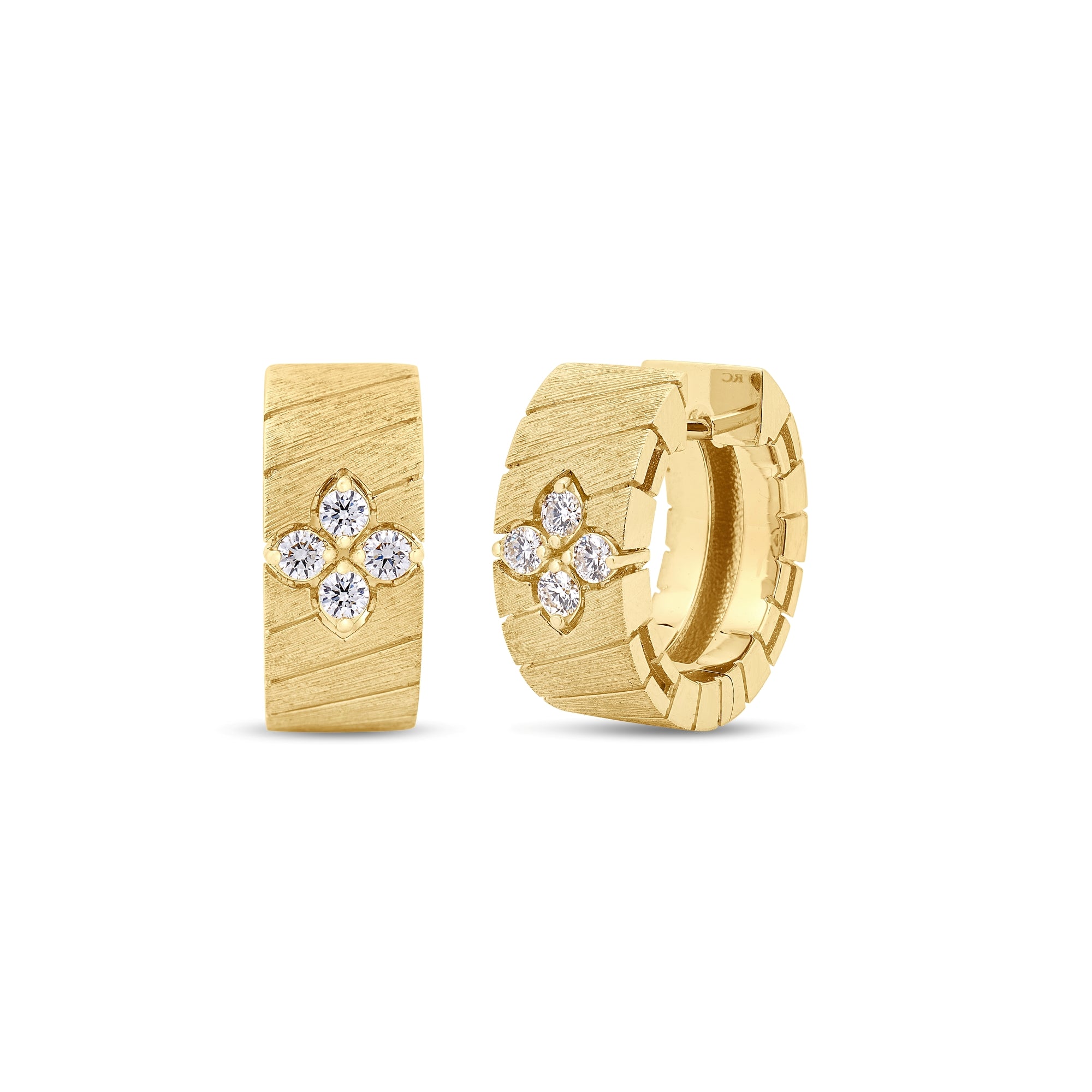 18K YELLOW GOLD LOVE IN VERONA WIDE RIDGED AND SATIN FINISH DIAMOND HOOP EARRINGS