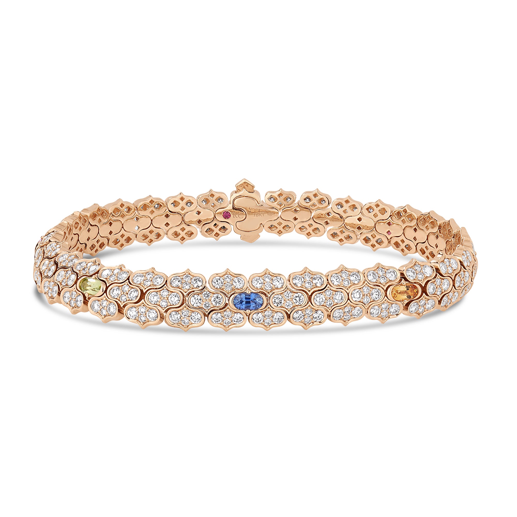 18K ROSE GOLD COBRA PAVE DIAMOND AND MIXED STONES (BLUE TOPAZ, CITRINE, PERIDOT, RUBELLITE, AND RUBY) BRACELET