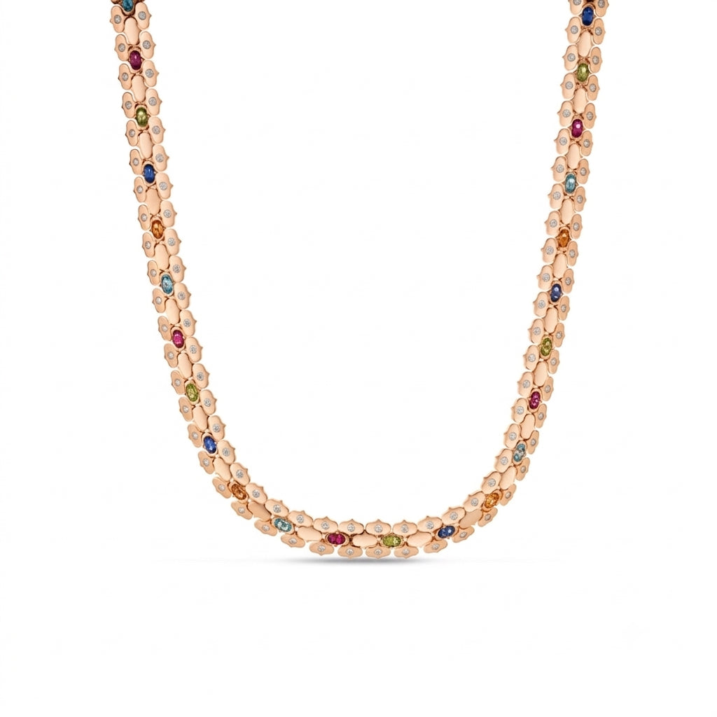 18K ROSE GOLD COBRA WIDE DIAMOND AND MIXED STONES (BLUE TOPAZ, CITRINE, PERIDOT, RUBY, AND RUBELLITE) COLLAR NECKLACE