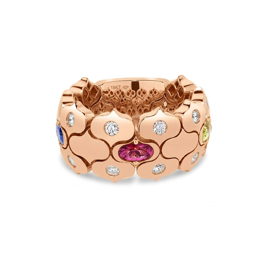 18K ROSE GOLD COBRA WIDE DIAMOND AND MIXED STONES (BLUE TOPAZ, CITRINE, PERIDOT, RUBY, AND RUBELLITE) RING