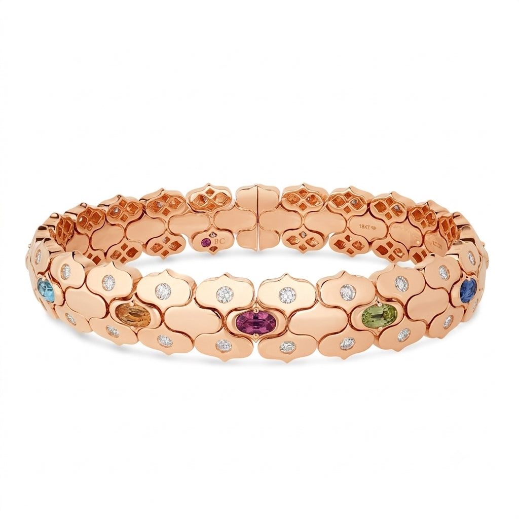 18K ROSE GOLD COBRA WIDE DIAMOND AND MIXED STONES (BLUE TOPAZ, CITRINE, PERIDOT AND RUBELLITE) CUFF BANGLE