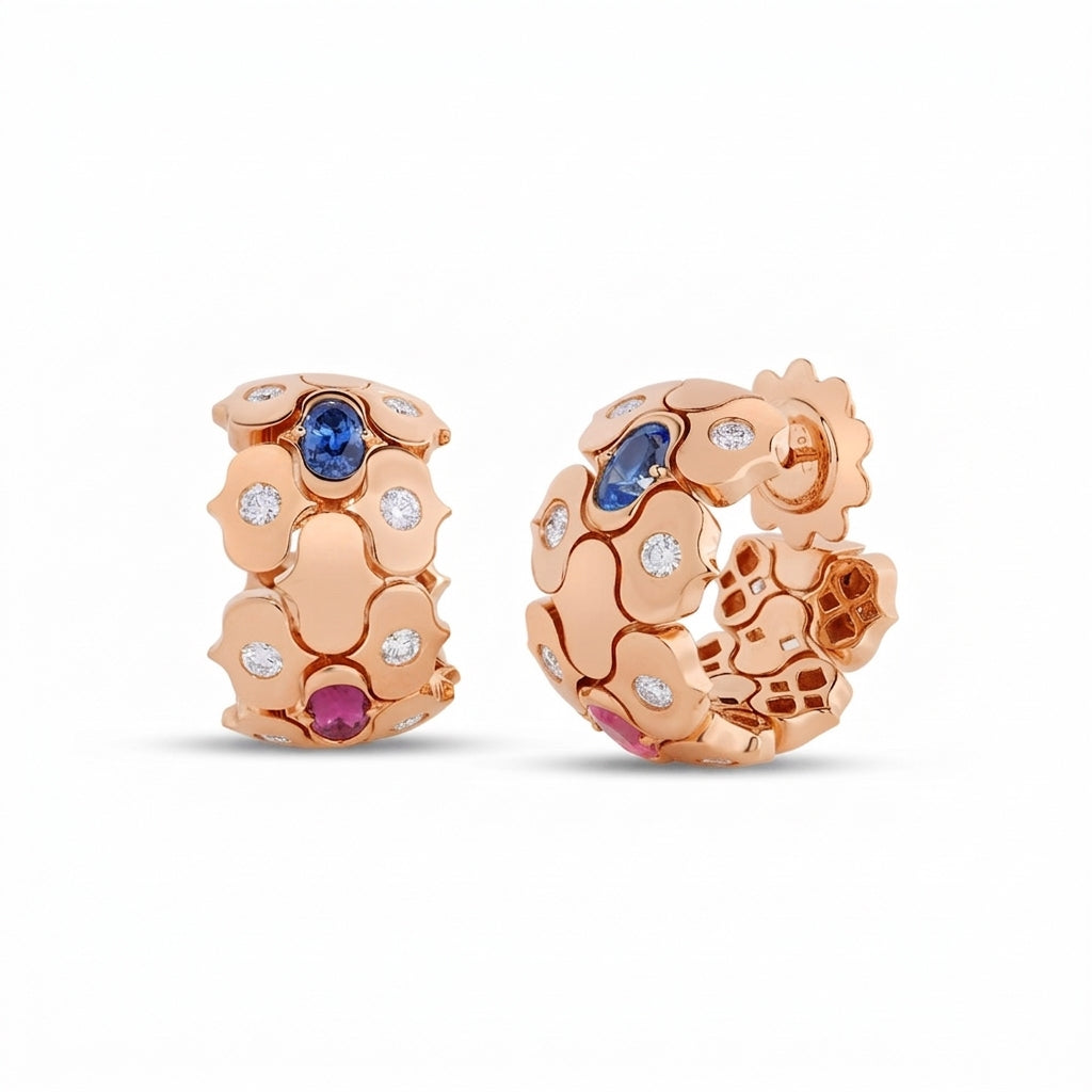 18K ROSE GOLD COBRA WIDE DIAMOND AND MIXED STONES (BLUE TOPAZ, CITRINE, PERIDOT, RUBY, AND RUBELLITE) OPEN BACK HOOP EARRINGS