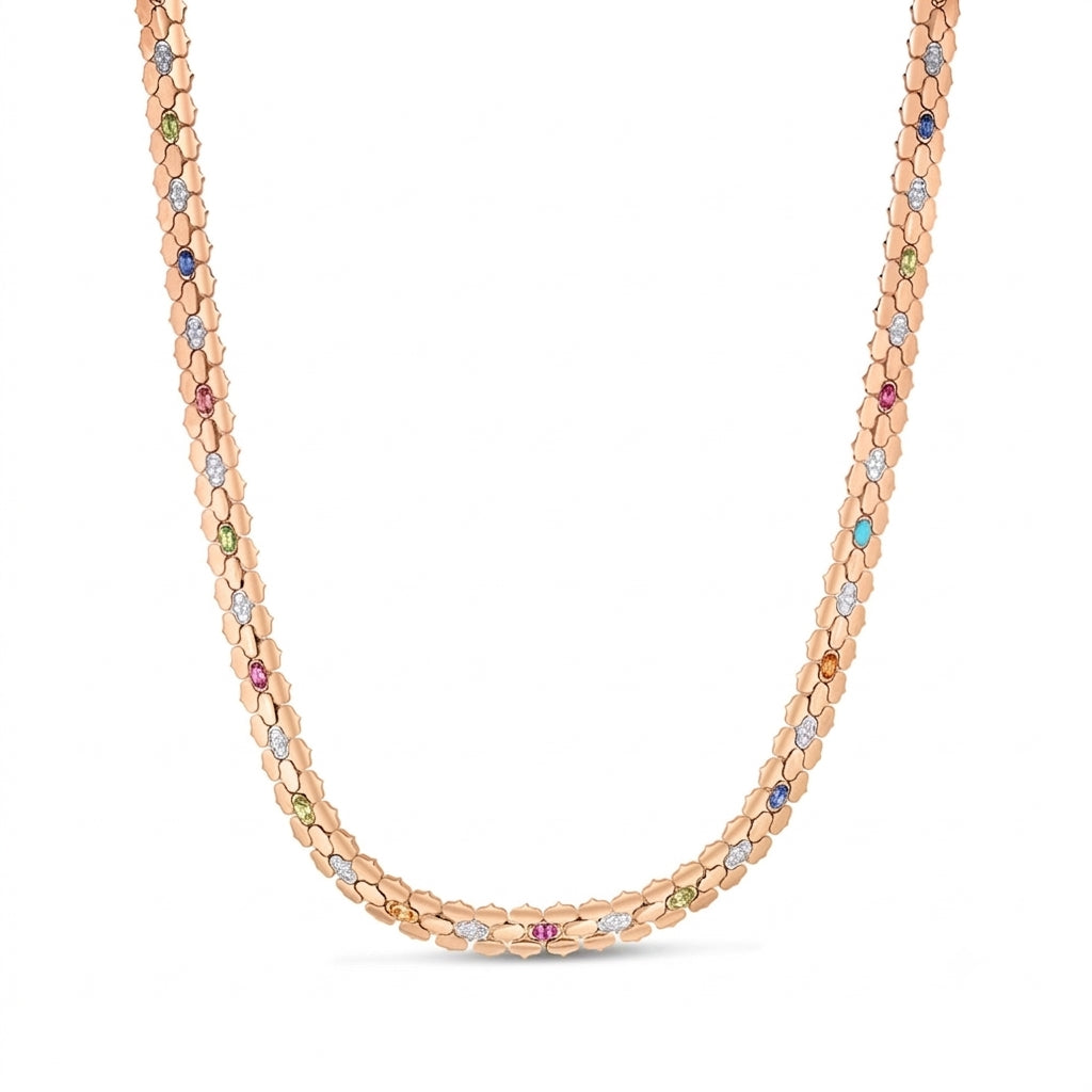 18K ROSE/WHITE GOLD COBRA DIAMOND AND MIXED STONES (BLUE SAPPHIRE, BLUE TOPAZ, CITRINE, PERIDOT, RUBY, AND RUBELLITE) NECKLACE