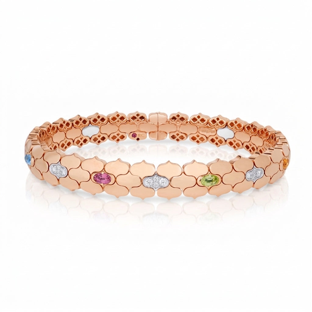18K ROSE/WHITE GOLD COBRA DIAMOND AND MIXED STONES (BLUE SAPPHIRE, BLUE TOPAZ, CITRINE, PERIDOT, RUBY, AND RUBELLITE) CUFF BANGLE