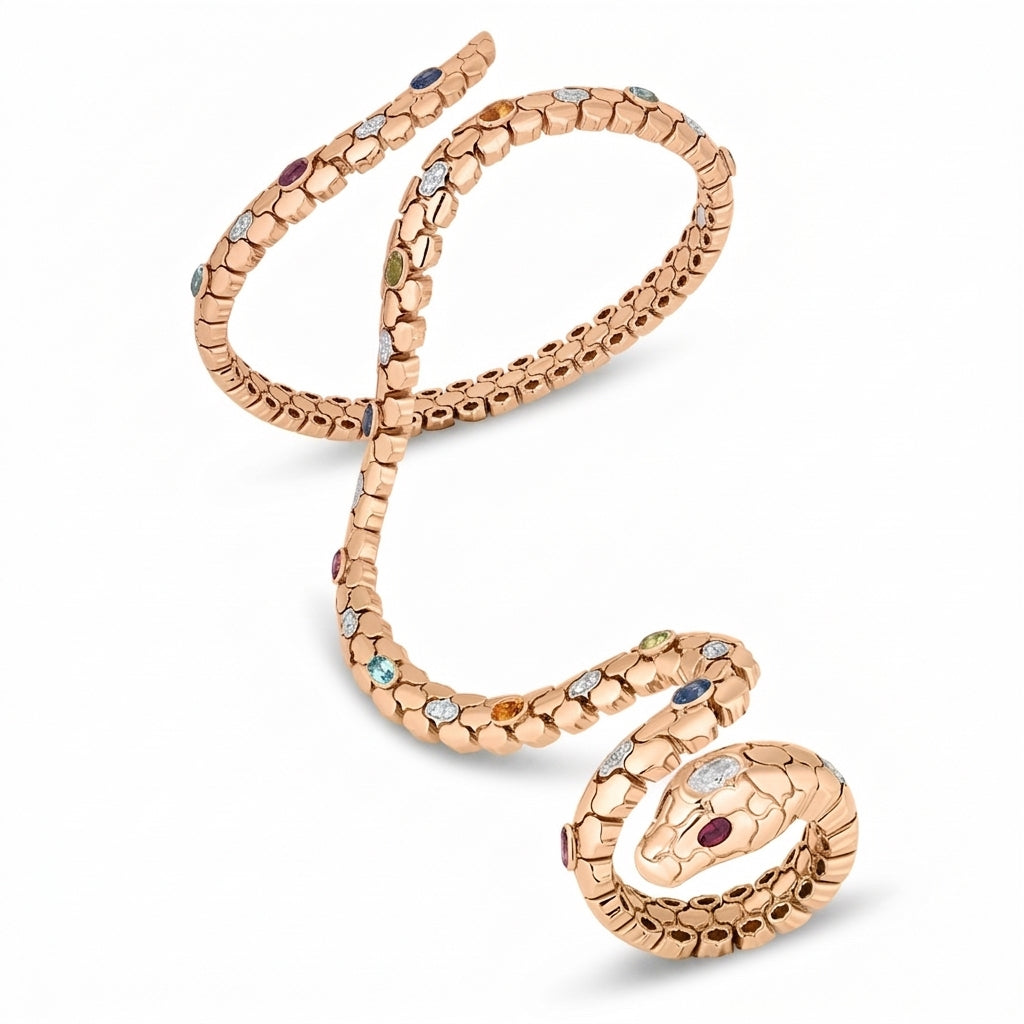 18K ROSE GOLD COBRA DIAMOND AND MIXED STONES (BLUE SAPPHIRE, CITRINE, PERIDOT, RUBY, AND RUBELLITE) SNAKE CUFF BANGLE AND RING