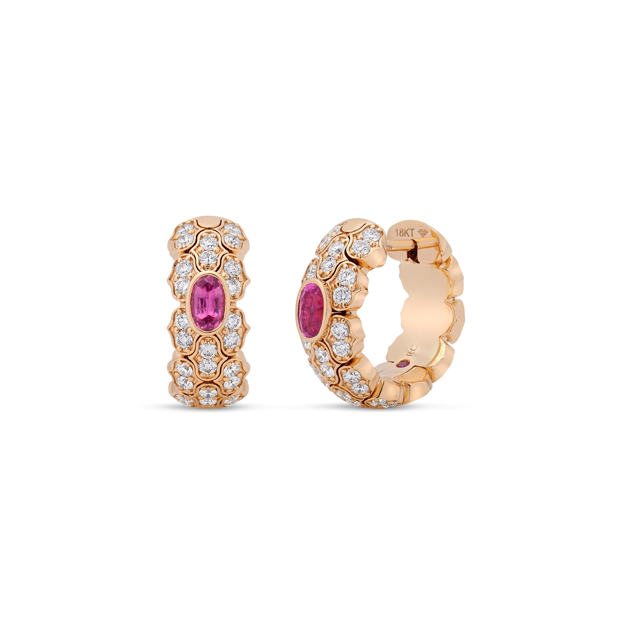 18K ROSE GOLD COBRA NARROW PAVE DIAMOND AND RUBELLITE HOOP EARRINGS