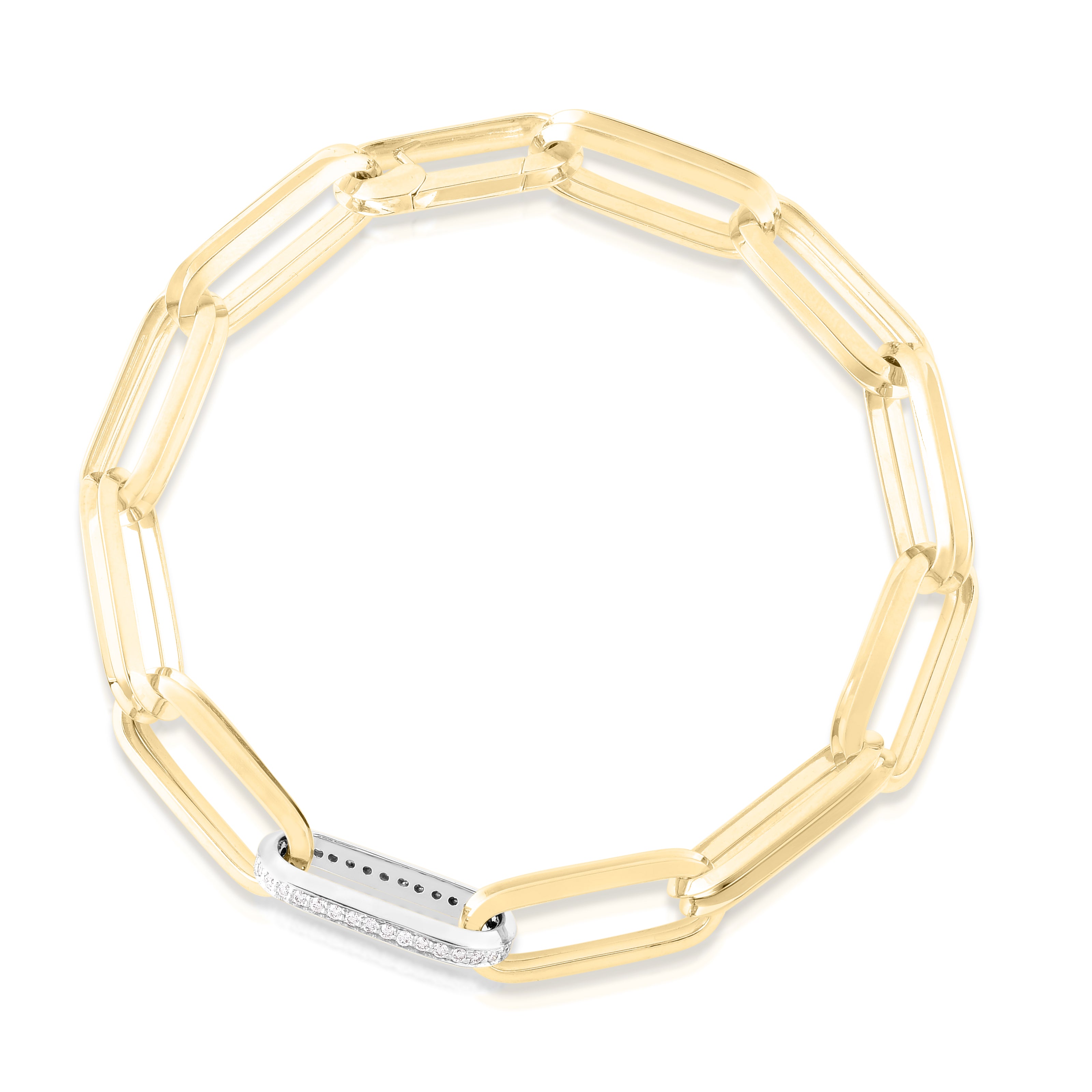 18K YELLOW/WHITE DESIGNER GOLD & DIAMOND RECTANGULAR PAPERCLIP LINK BRACELET