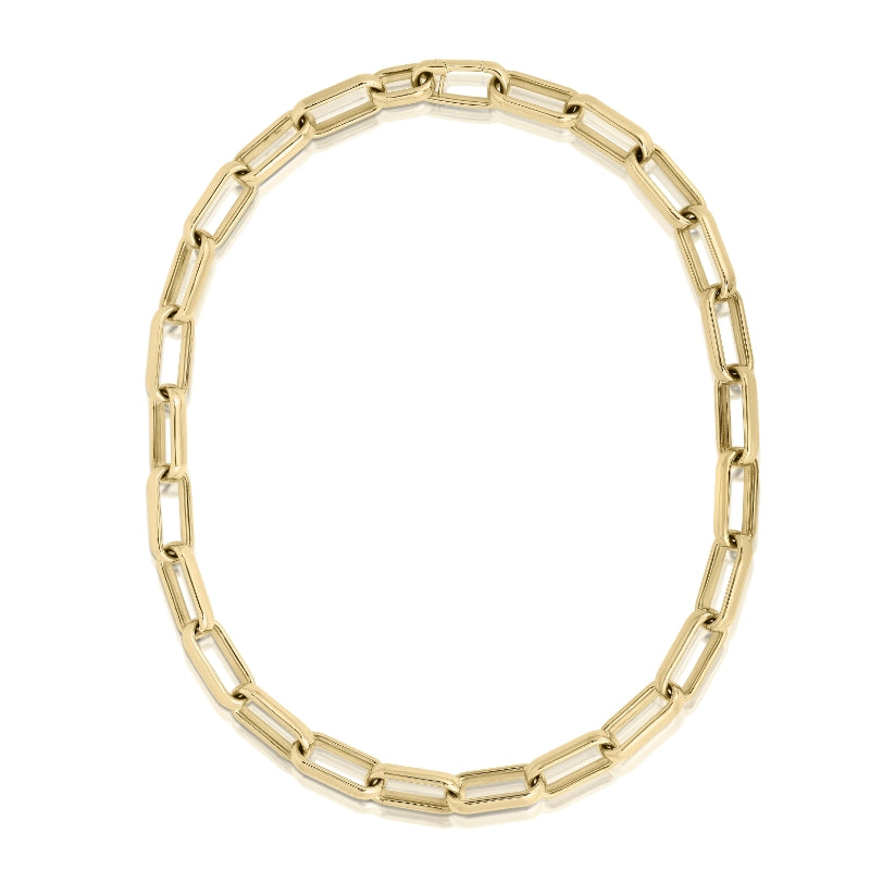 18K YELLOW DESIGNER GOLD FLAT EDGE OVAL LINK CHAIN NECKLACE