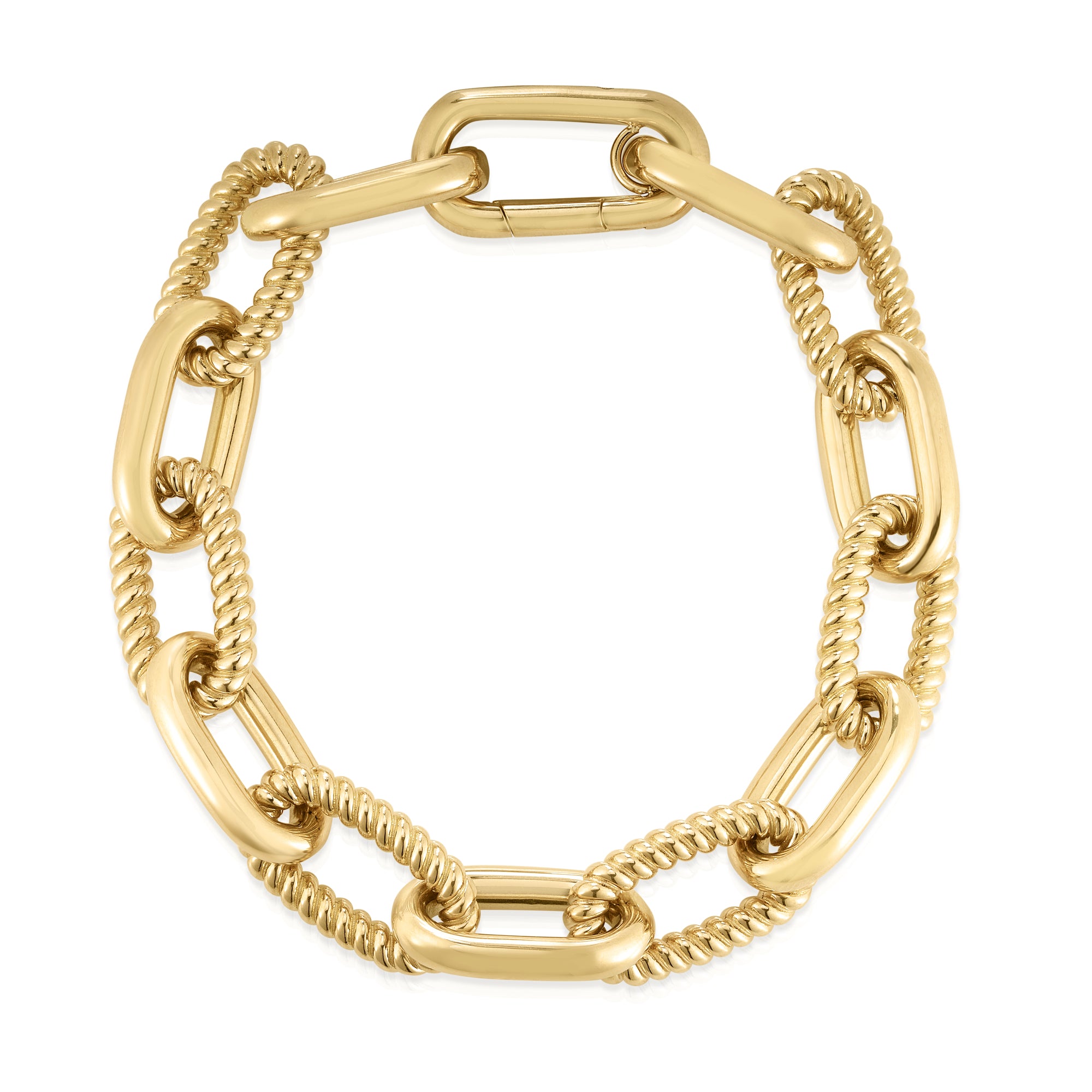 18K YELLOW DESIGNER GOLD ALTERNATING POLISHED & FLUTED THICK PAPERCLIP LINK BRACELET