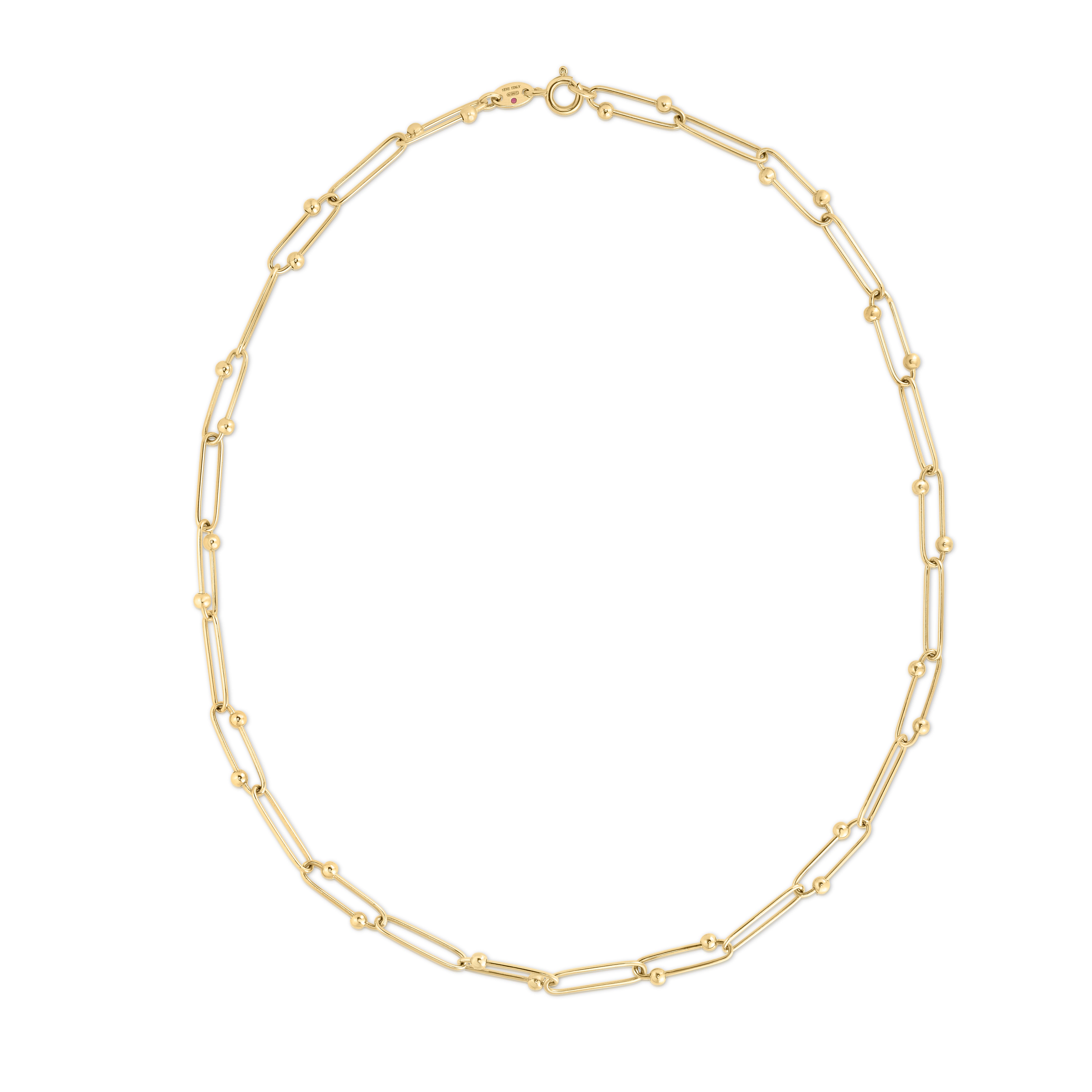 18K YELLOW DESIGNER GOLD ALTERNATING PAPERCLIP WITH SPHERES LINK NECKLACE
