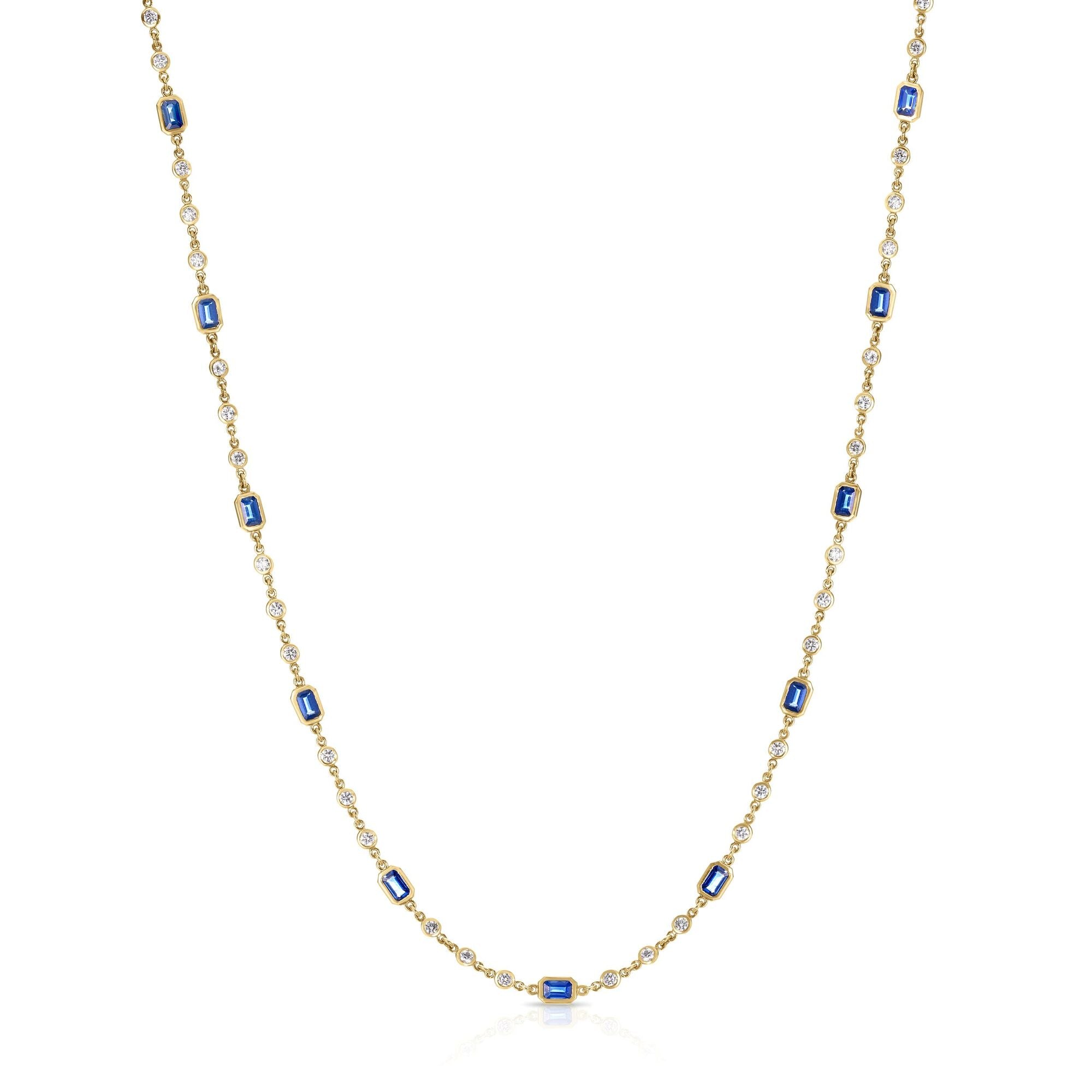 18K YELLOW GOLD DIAMONDS BY THE INCH DIAMOND & EMERALD CUT BLUE SAPPHIRE LONG NECKLACE