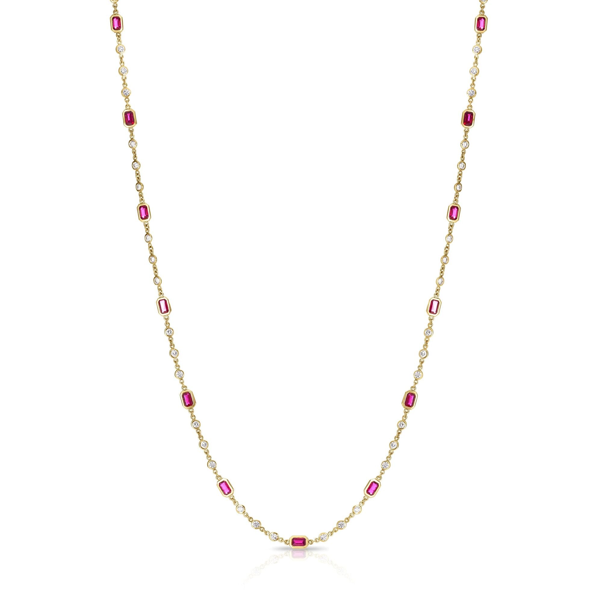 18K YELLOW GOLD DIAMONDS BY THE INCH DIAMOND & EMERALD CUT RUBY LONG NECKLACE
