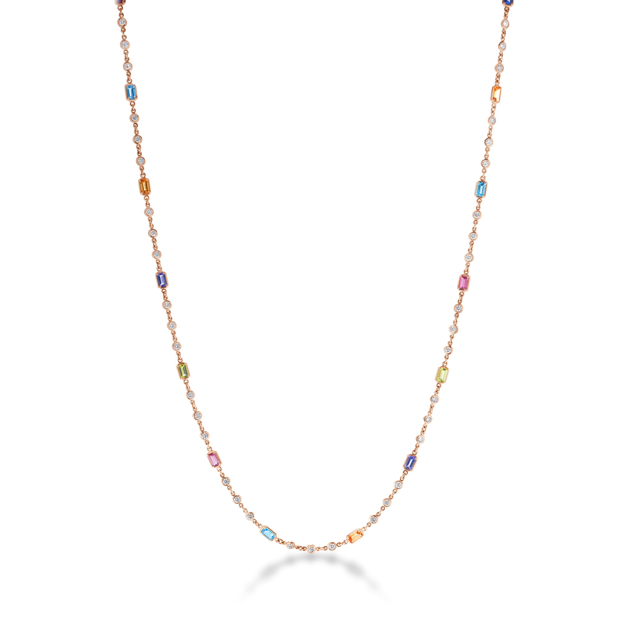 18K ROSE GOLD DIAMONDS BY THE INCH DIAMOND & EMERALD CUT MIXED STONES (BLUE TOPAZ, CITRINE, PERIDOT, PINK TOURMALINE, & TANZANITE) LONG NECKLACE