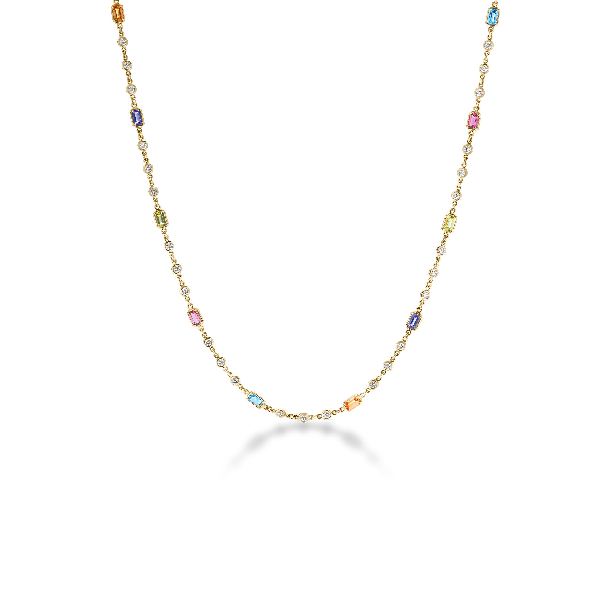 18K YELLOW GOLD DIAMONDS BY THE INCH DIAMOND & EMERALD CUT MIXED STONES (BLUE TOPAZ, CITRINE, PERIDOT, PINK TOURMALINE, & TANZANITE) LONG NECKLACE