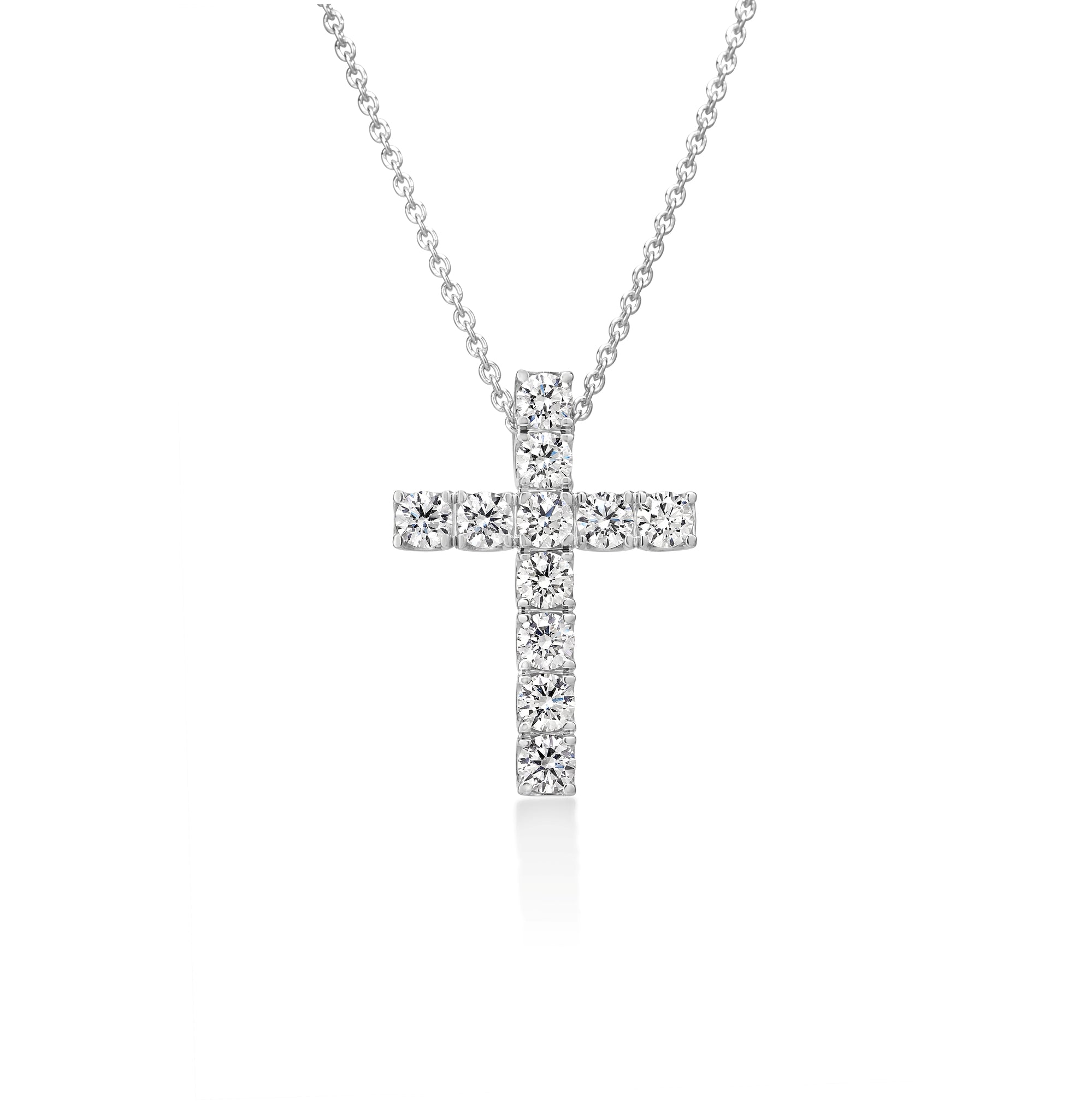 18K WHITE GOLD DIAMOND CLASSIC ETERNITY CROSS NECKLACE: FG VS-SI
