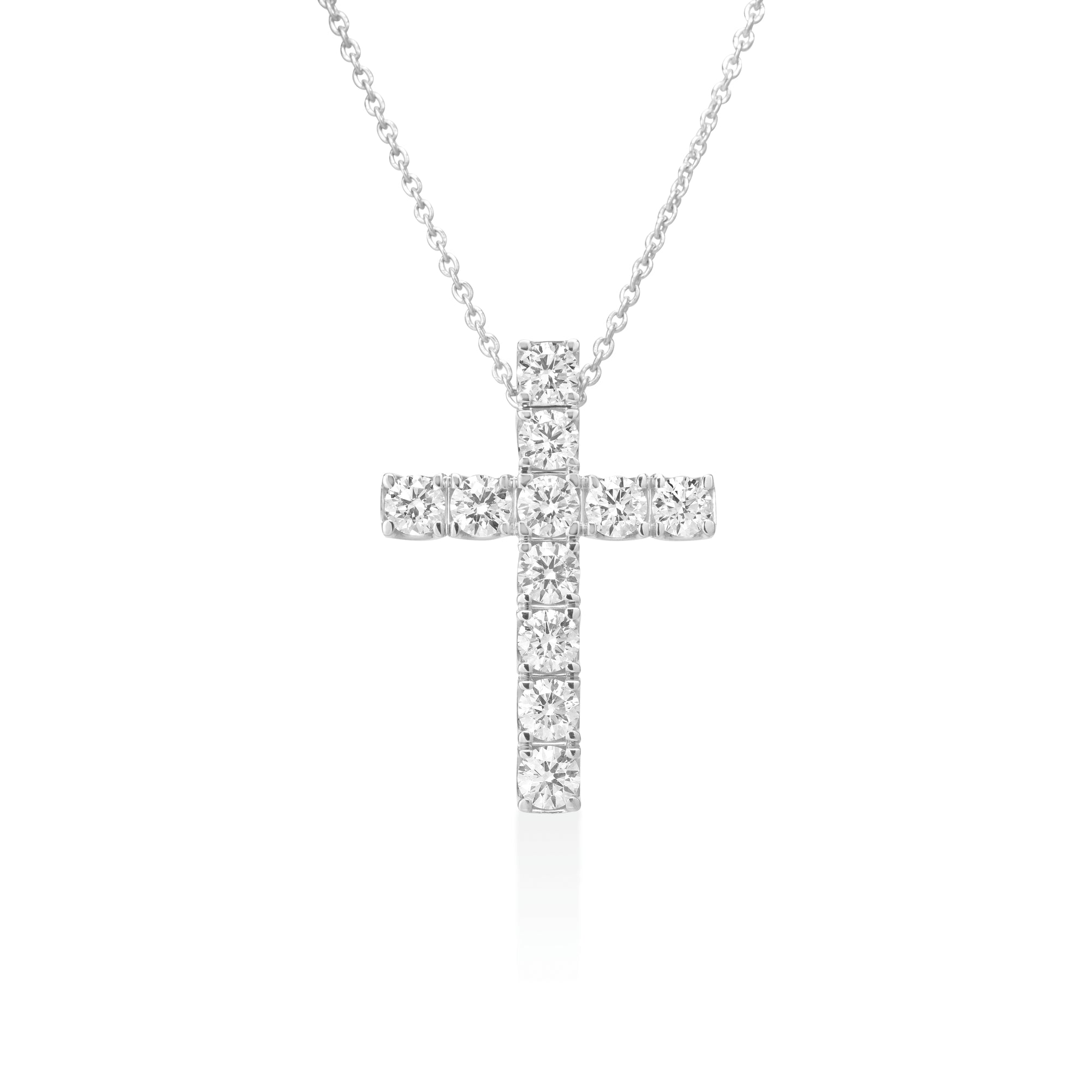 18K WHITE GOLD DIAMOND CLASSIC ETERNITY CROSS NECKLACE: FG VS-SI
