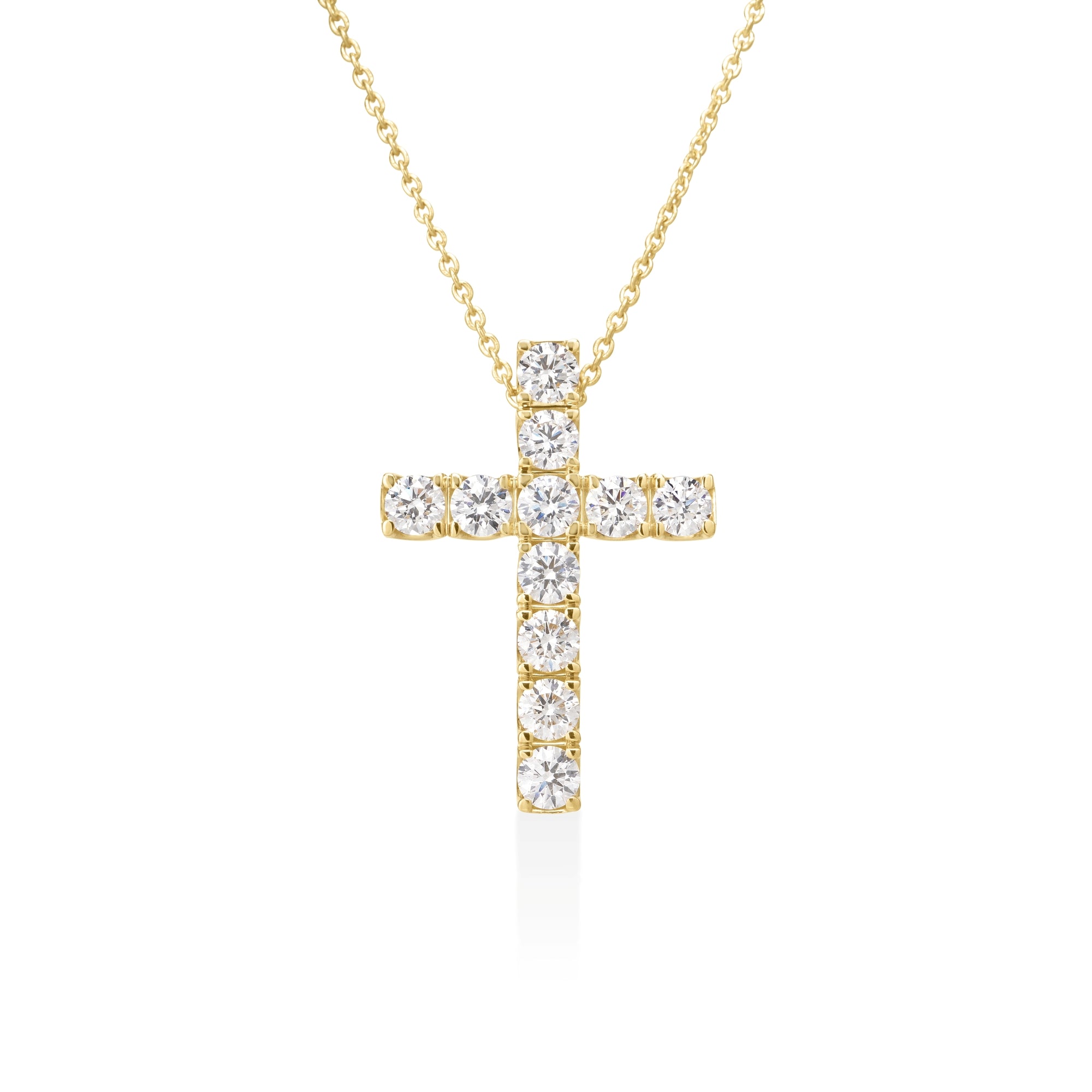 18K YELLOW GOLD DIAMOND CLASSIC ETERNITY CROSS NECKLACE: FG VS-SI