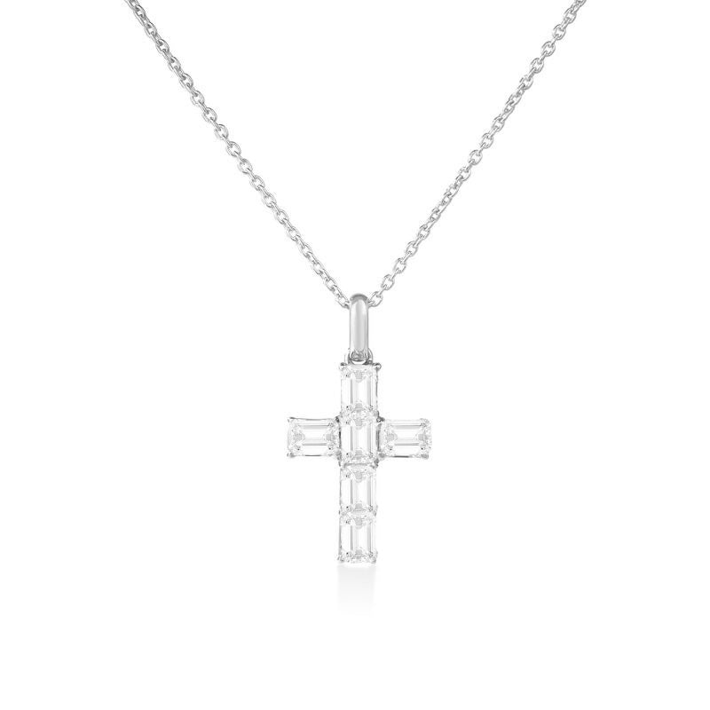 18K WHITE GOLD TINY TREASURES EMERALD CUT DIAMOND CROSS NECKLACE