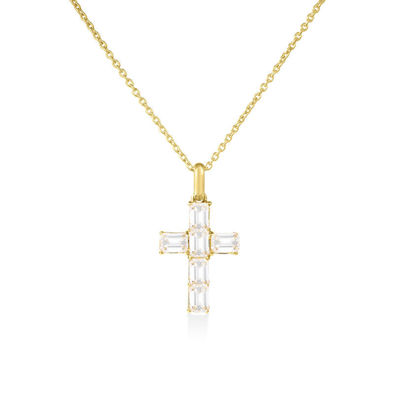 18K YELLOW GOLD TINY TREASURES EMERALD CUT DIAMOND CROSS NECKLACE