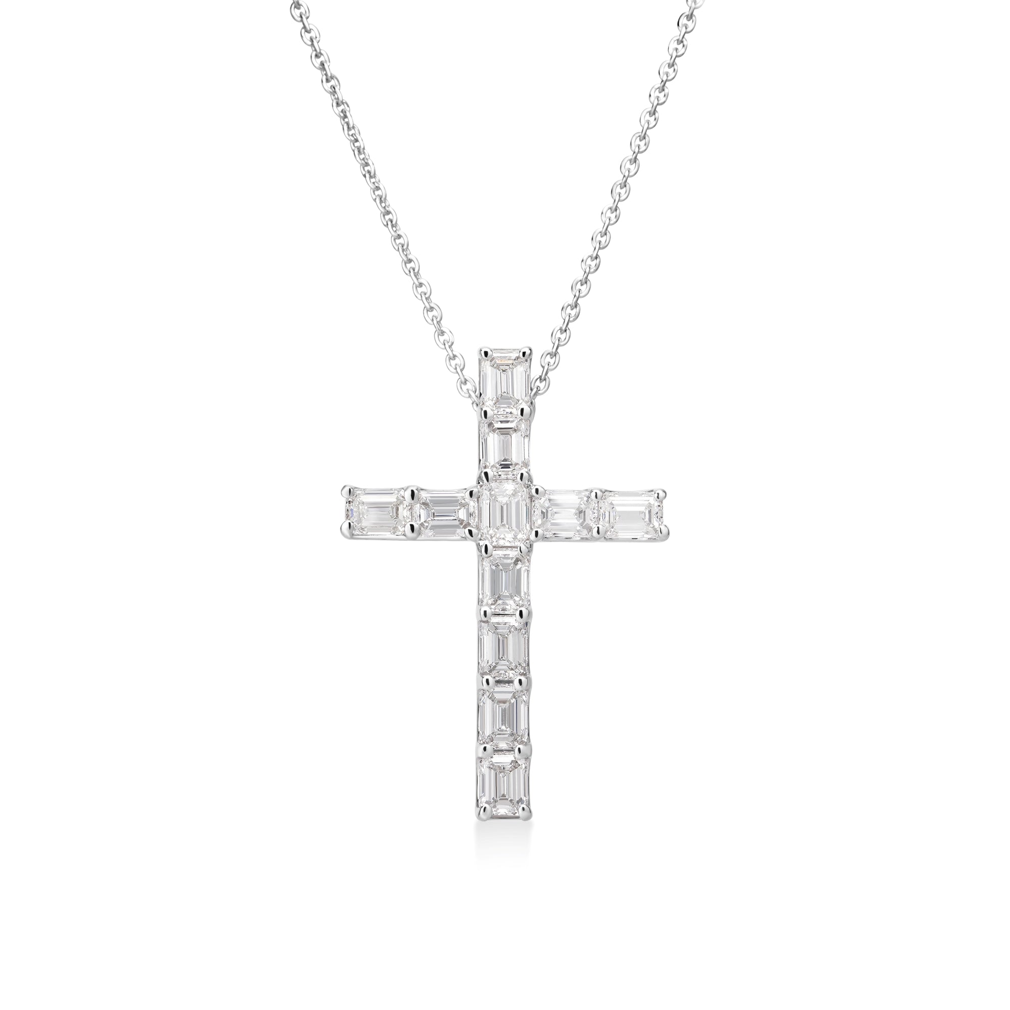 18K WHITE GOLD DIAMOND CLASSIC EMERALD CUT ETERNITY CROSS NECKLACE: FG VS-SI