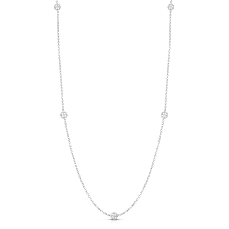 18K WHITE GOLD NEW FLORENTINE TEXTURED BEZEL FIVE STATION LONG NECKLACE