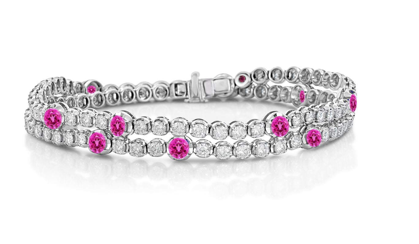 18K WHITE GOLD DIAMOND CLASSIC DOUBLE WRAP PAVE DIAMOND & PINK SAPPHIRE BRACELET & CHOKER