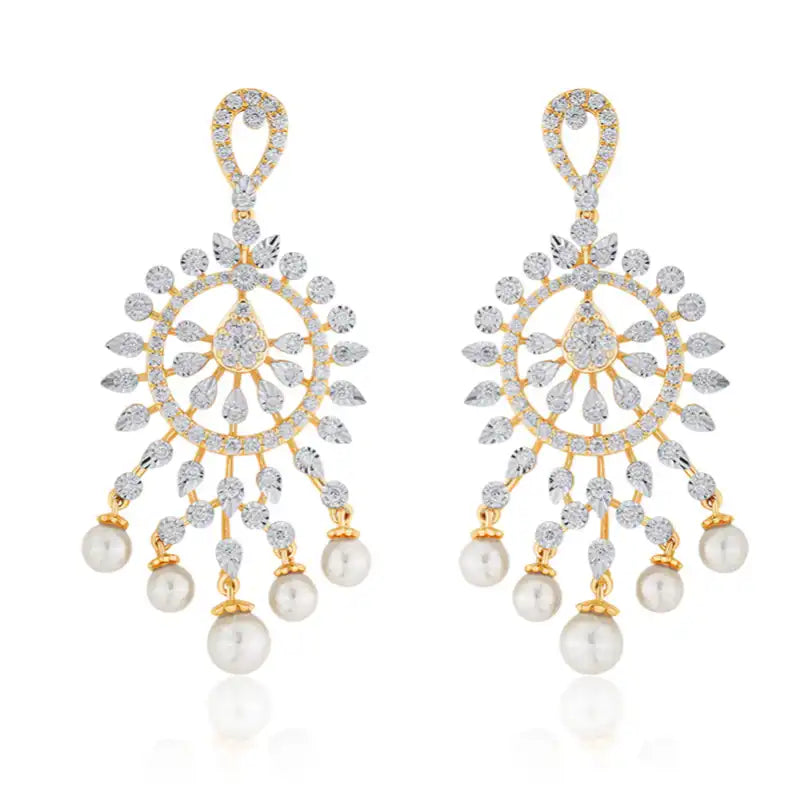 18K Gold Diamond Hanging Earrings with Pearls