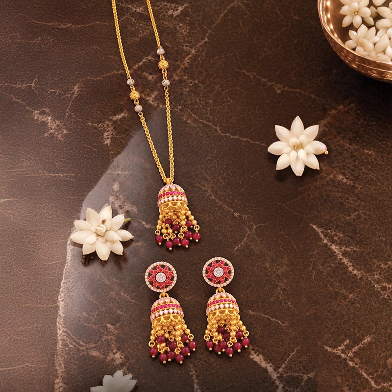 Elegant 22k yellow gold necklace with red beads and matching Jhumka earrings for women
