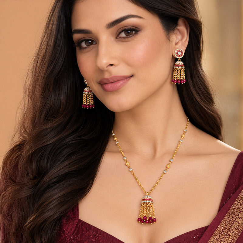 Elegant 22k yellow gold necklace with red beads and matching Jhumka earrings for women