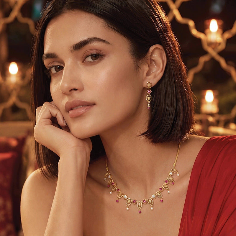 Elegant 22k Yellow Gold Necklace Set with CZ Pearls and Red Beads