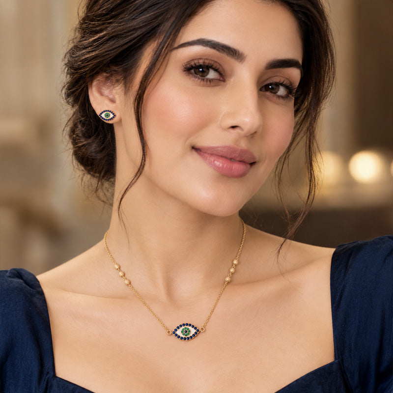 Elegant 22k Yellow Gold Blue Evil Eye Shaped Pendant Necklace for Women