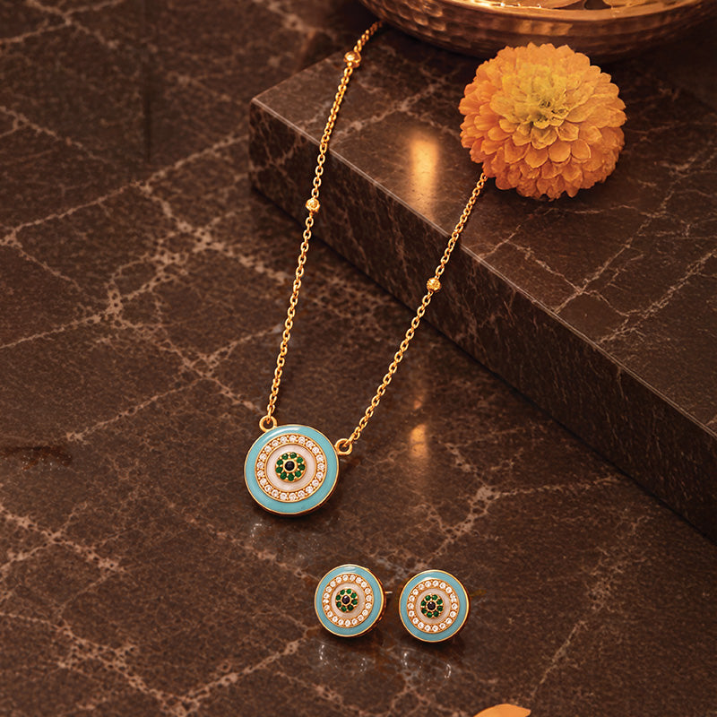 Elegant 22k Yellow Gold Pendant Set with Light Blue Enamel Accents