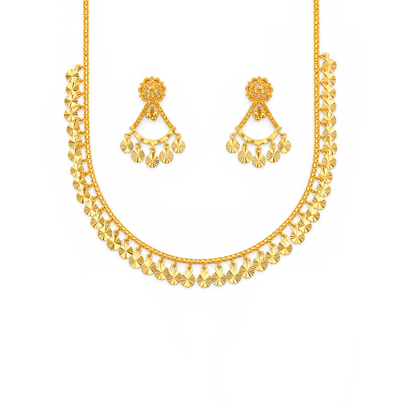 Elegant 22k yellow gold necklace and earring set with delicate running tassels