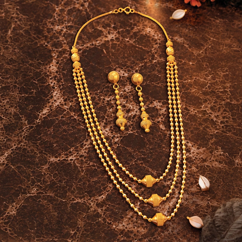 Elegant 22k Yellow Gold Three Layer Necklace and Earrings Set for Women