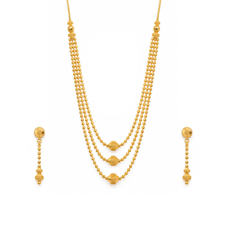 Elegant 22k Yellow Gold Three Layer Necklace and Earrings Set for Women